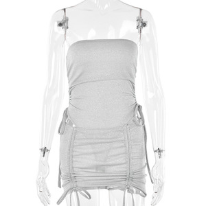 European American 2025 Spring Sexy Bodycon <b>Skirt</b> Two Piece Set Drawstring Tie Fitted Cut Out Strapless Sleeveless Evening Dress - Product Image 5