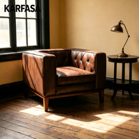 Fauteuil club en cuir marron, capitonné à boutons, design diamant, pieds en bois, fauteuil vintage classique pour salon, coin lecture