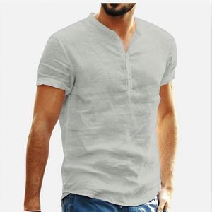 Men's Casual Cotton <b>Linen</b> V-Neck Short Sleeve <b>Shirt</b> Stand Collar Solid Pattern <b>Summer</b> - Product Image 5