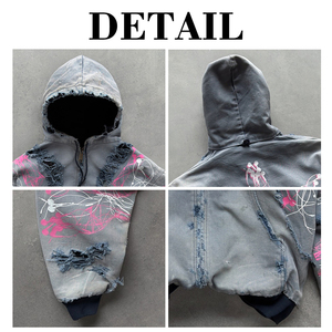 Heavyweight Acid Wash Distressed Zip-Up Hoodie Mens Vibe Streetwear Grunge Oversized Vintage Washed Graffiti Winter Embroidered - Product Image 6