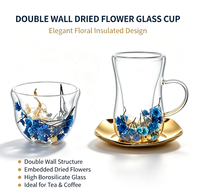 Mug en verre borosilicate à double paroi Wuso avec fleurs séchées intégrées, résistant à la chaleur, pour café, thé, maison, café, vaisselle de table
