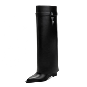 Bottes pliables pour femme, hauteur genou, à bout pointu, <span class=keywords><strong>talon</strong></span> <span class=keywords><strong>compensé</strong></span>, style western, confortables, avec boucle, rehaussantes - Product Image 4