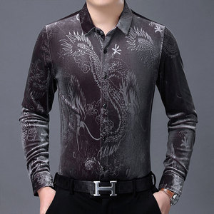 Chemise à manches longues pour hommes, vêtement de soirée Social, coupe cintrée, top décontracté de luxe, broderie Dragon <span class=keywords><strong>chinois</strong></span>, velours - Product Image 5