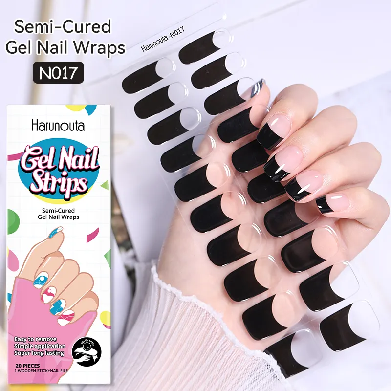 Harunouta Semi Cured Black French Gel Nail Sticker Wraps Polish Strips Set Long Lasting Full Cover Gel Nail Decals