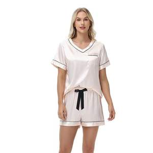 Pyjama d'été en satin rayé pour femme, ensemble de vêtements de maison fin et uni à enfiler - Product Image 5