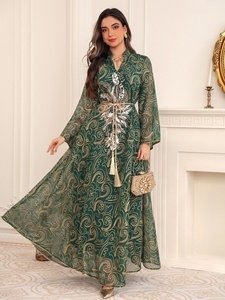Abaya de luxe Ramadan Dubaï avec broderies de sequins, manches en résille, kaftan avec ceintures, costume pour <span class=keywords><strong>femme</strong></span> musulmane, robes amples élégantes - Product Image 4