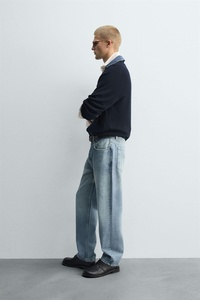 <span class=keywords><strong>Pull</strong></span> en maille mélangée pour homme, col polo en denim <span class=keywords><strong>bleu</strong></span> <span class=keywords><strong>marine</strong></span>, avec col Johnny en véritable denim et patte de boutonnage Henley, coupe <span class=keywords><strong>oversize</strong></span> - Product Image 5