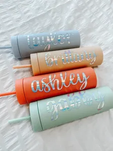 Bán buôn số lượng lớn cốc nhựa Matte pestel Nhiều màu Skinny Tumblers tái sử dụng ly 16 <span class=keywords><strong>oz</strong></span> Acrylic Tumbler cup với rơm và nắp - Product Image 6