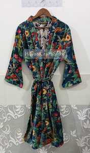 Floral Print Maxi Robe Loose Fit <b>Three</b> Quarter Sleeve Collared Neck Woven Velvet Casual Summer Dressing Gown With Belt - Product Image 2
