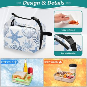 Light Blue Coastal Starfish Print Durable Polyester Insulated Lunch Bag Cooler Bag for Picnic BBQ Food Takeout Delivery - Product Image 6