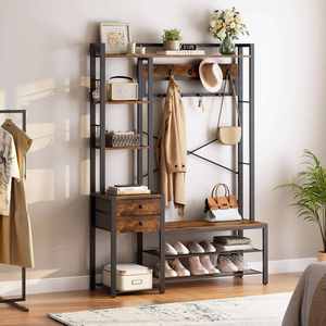Porte-manteau industriel en gros, style vintage en bois et métal avec banc à <span class=keywords><strong>chaussures</strong></span>, marron rustique pour entrée et couloir - Product Image 6