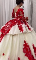 Robe de bal rouge ivoire princesse à manches longues et volants, robes de Quinceañera avec appliques de fleurs 3D rouges pour filles de 15 à 16 ans LY0154