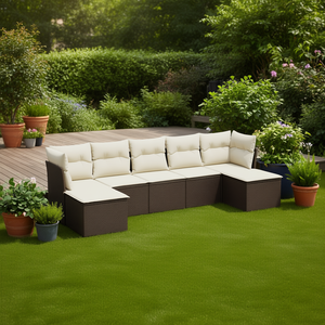 Ensemble de canapés de jardin en rotin blanc crème et brun avec coussins pour usage extérieur, 6 places, design contemporain - Product Image 2