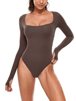 Combinaison une pièce moulante et extensible pour femme, col carré, manches longues, avec passe-pouces, idéale pour le sport et le yoga, vente en gros
