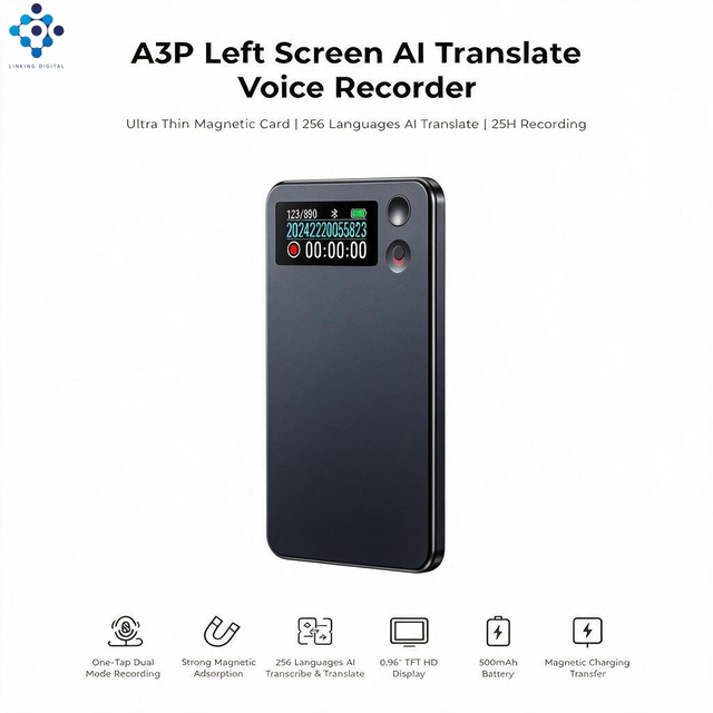 A3P Left Screen APP Version AI Voice Recorder Transcription Ultra Slim Design Magnetic Attraction WAV Format Aluminum Recording