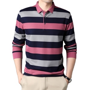 Polo à manches longues rayé en tricot pour homme, coupe décontractée, rose, marine, gris - Product Image 1