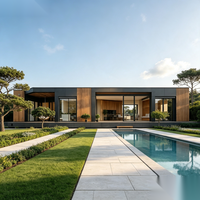 Maison préfabriquée moderne à deux étages, maison modulaire de luxe, structure noire, mur en verre, terrasse en bois, villa dans la cour