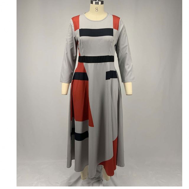 Spring Women's Clothing O-Neck Large Size 5XL Hit Color Pocket a Line Lady Casual Dress