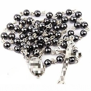Collier chapelet en pierre naturelle noire pour homme, pendentif croix en alliage de zinc, 6mm 8mm, bijou cadeau, chaîne de pull - Product Image 1