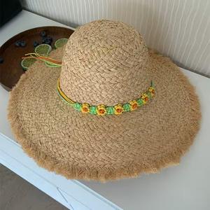 Chapeau de plage pour femme à <span class=keywords><strong>large</strong></span> bord effiloché en fourrure style été avec ruban, décontracté, sortie, vacances en bord de mer, chapeau de soleil - Product Image 6