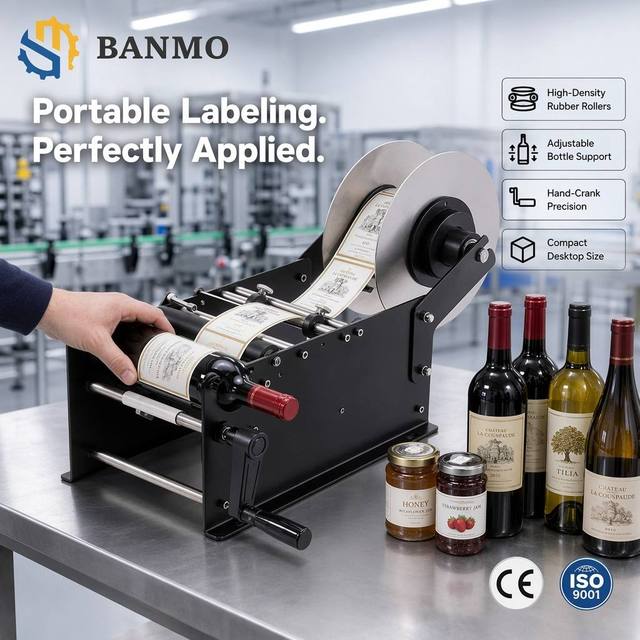 BANMO Manual Round Bottle Labeling Machine Portable Desktop Sticker Applicator for Glass Plastic Jars Wine Cans Labeler Tool