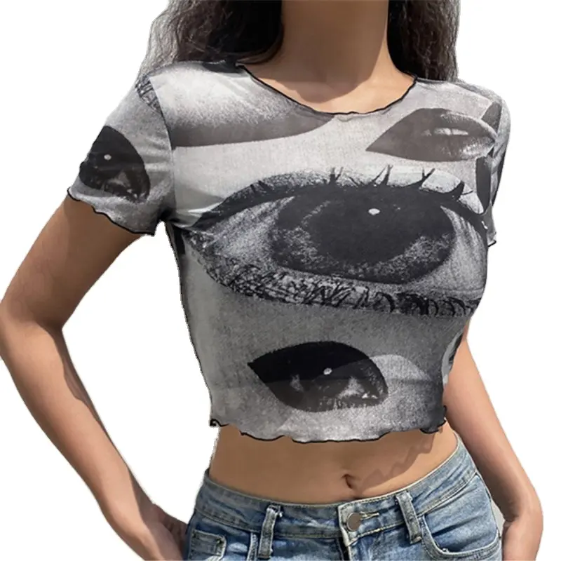 Summer tight fitting new beautiful eyes short sleeved exposed navel top Women T-shirt