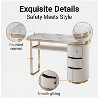 Table de manucure de luxe légère avec plateau en marbre, 3 tiroirs, structure en acier inoxydable couleur or champagne, poste de travail pour salon de manucure