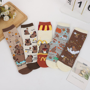 Женские вязаные хлопковые носки с мультяшным медведем в клетку, антибактериальные, оптом - Product Image 2
