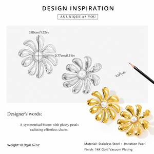 Pendientes de Perlas con Diseño Floral, Acero Inoxidable, Chapado al Vacío en Oro de 14K, Perlas de Imitación - Product Image 2