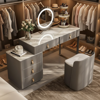 Coiffeuse moderne en bois éclairée avec miroir et tabouret, ensemble blanc multifonctionnel pour maquillage, idéal pour petits espaces, appartements et hôtels