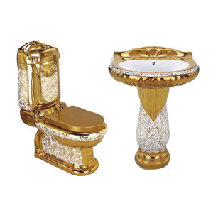 Châu Âu sang trọng cổ điển hai mảnh Gốm Vàng nhà vệ sinh sàn gắn bát tròn với dual-tuôn ra S-trap thoát nước cho phòng tắm <span class=keywords><strong>WC</strong></span> - Product Image 3