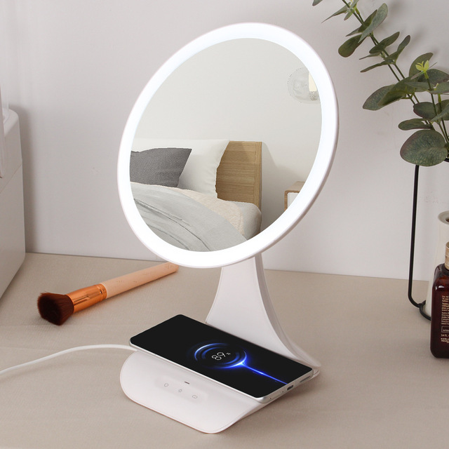 Fashion Multi-function Desktop Cosmetic Mirror 3 Color LED Lamp Makeup Mirror Adjustable Type-C Smart Wireless Charger Mirror