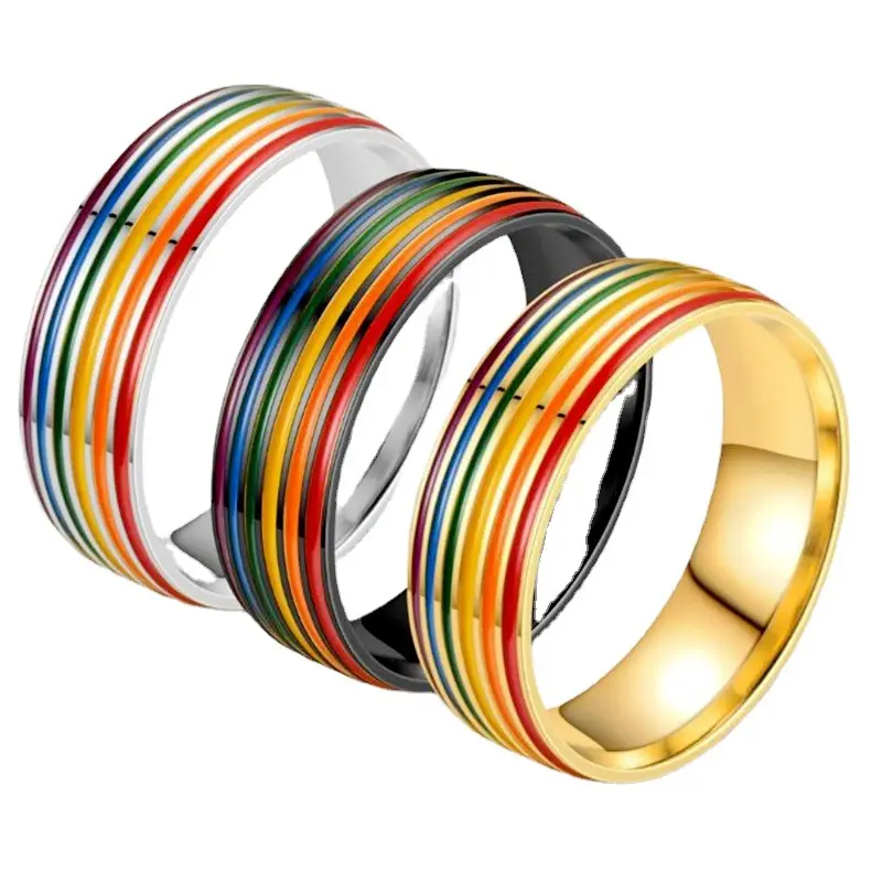 Cincin Pertunangan Pernikahan Personalisasi Perhiasan Cinta 8MM Baja Nirkarat Gay LGBT Pride Enamel Pelangi Cincin Gelisah