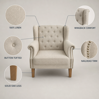 Fauteuil à dossier haut capitonné en lin 100% avec pieds en chêne massif et garniture cloutée, chaise de lecture pour salon, mobilier sur mesure