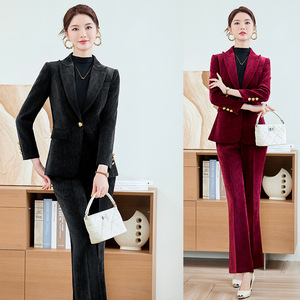 Women's Velvet Blazer Two-Piece Suit Set Black And Red Anti-Wrinkle Commute Professional Outfit - Product Image 1