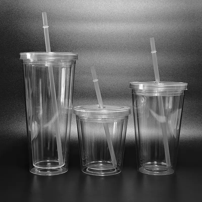 Sıcak satış 16oz çift katmanlı plastik su şişesi kauçuk boya tabakası düz renk içecek fincanı plastik pipetli bardak