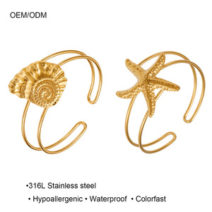 Nouveau Bracelet Manchette Femme <span class=keywords><strong>Série</strong></span> Océan Pentagramme Conque Étoile de Mer en Acier Inoxydable 316L Plaqué Or 18K Étanche pour l'Été - Product Image 1