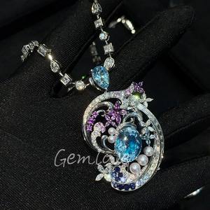 Lüks kadın özel kolye ile 6.59CT safir elmas 18K/14K sarı altın küba zincir ve kolye hediyeler için tasarımlar - Product Image 2