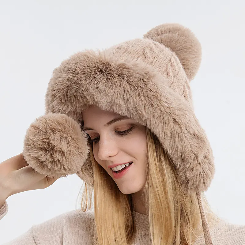 Chapéu russo de pelúcia, para o inverno, quente, de malha, grosso, para mulheres