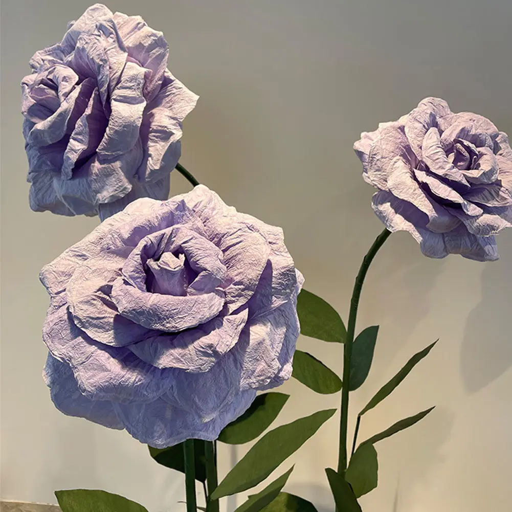 Customized 3pcs Set Dyeing Handmade purple Large 3d Paper Rose With Stem Base Giant Flower For Festival Decoration