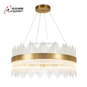 Moderno Luxo Alumínio Transparente Vidro Rod Ouro LED Cristal Pendurado Lâmpada Iluminação Interior Pingente Luz Lustre