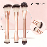 Pinceau à maquillage multifonctionnel double face avec logo personnalisé, manche en aluminium, fibres synthétiques douces, pinceau pour blush, poudre et fond de teint