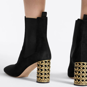 Solid Sexy High Round Heels Women Square Toe Suede Ankle <b>Boots</b> Gold Cut Out Chunky Stiletto Shoes Stretchy Upper Short - Product Image 2