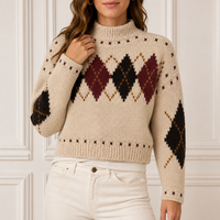 Maßgefertigter Damen-Argyle-Strickpullover Rundhals Creme Braun Burgunderrot Diamantmuster OEM ODM Fabrik