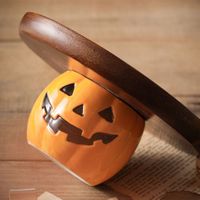 Support à gâteau d'Halloween en forme de lanterne, orange brillant, avec base citrouille et dessus rond en bois, pour cupcakes, bonbons et friandises