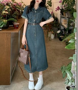 Vestidos Largos de Mezclilla para Mujer, Nuevos, de Verano, Manga Corta, Cuello Camisero, Cierre de Botones, Cintura Ajustada, a la Moda - Product Image 5