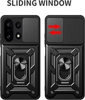 Étuis de téléphone portable 2-en-1 style fenêtre coulissante pour OnePlus 15 15R 5G avec protection d'appareil photo, anneau support et coque arrière antichoc
