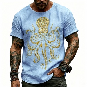 <span class=keywords><strong>Camiseta</strong></span> de manga corta con estampado de pulpo <span class=keywords><strong>celta</strong></span> vintage para hombre, <span class=keywords><strong>camiseta</strong></span> informal de mezcla de lino con cuello redondo, tops de playa de verano - Product Image 4