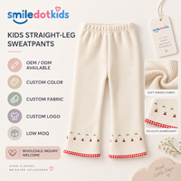 Smiledotkids Pantalons évasés personnalisés pour enfants, crème côtelé, broderie cerise, ourlet à carreaux, OEM ODM, vente en gros pour tout-petits