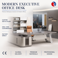 Bureau de direction en forme de L avec bord biseauté argenté, plateau gris foncé, table de bureau moderne de luxe pour PDG, table de direction